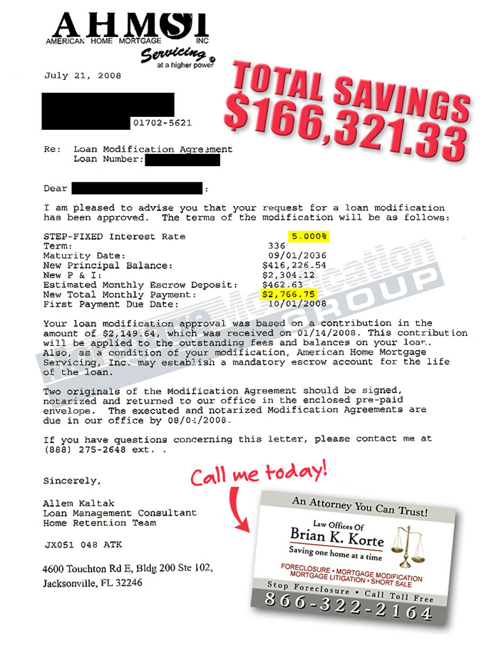 Brian Korte, PL - Mortgage Modification Agreement - Testimonial Letter #7